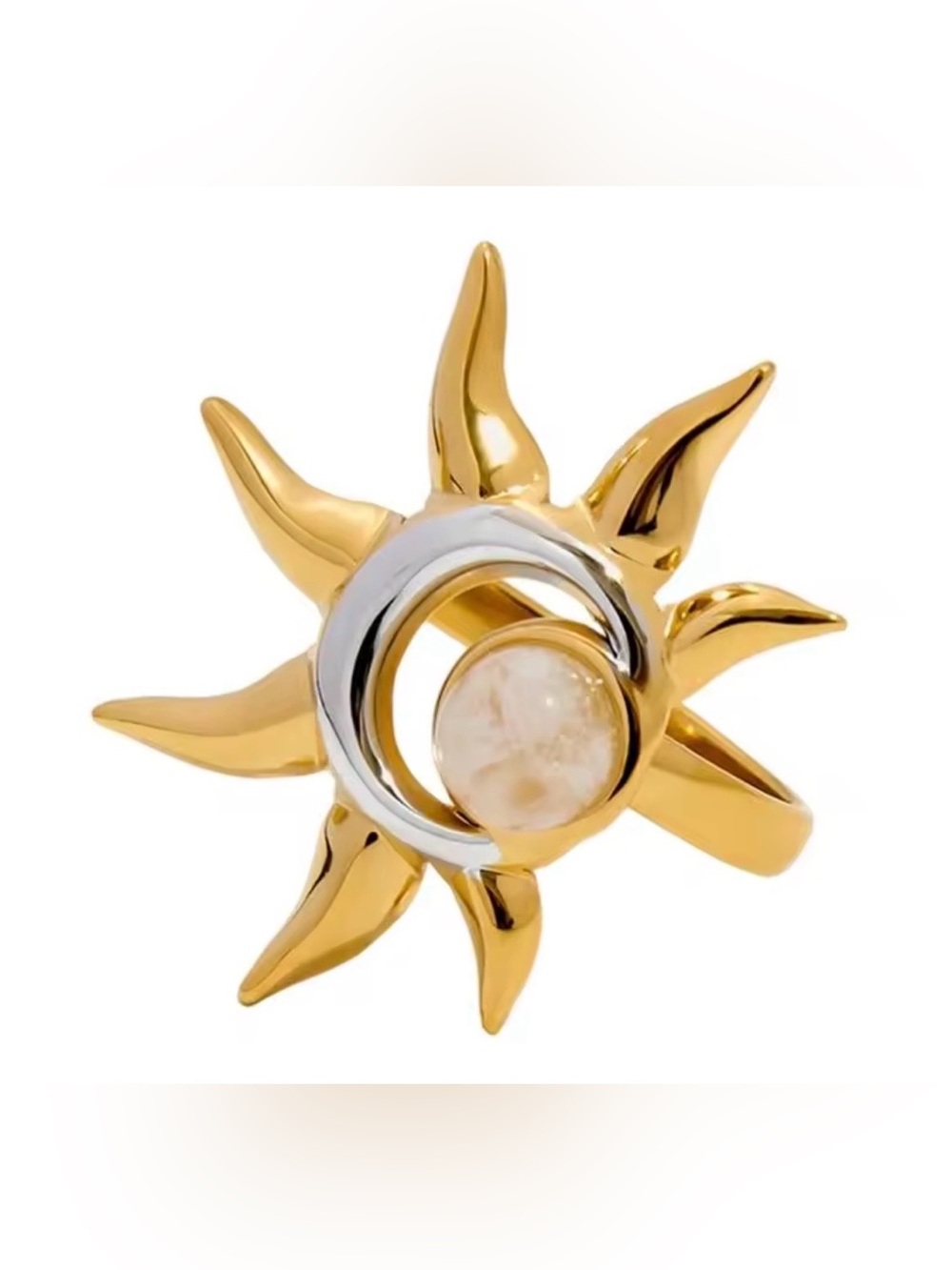 Gold Sunburst Ring with Silver Crescent and Marble Stone - Women Jewelry